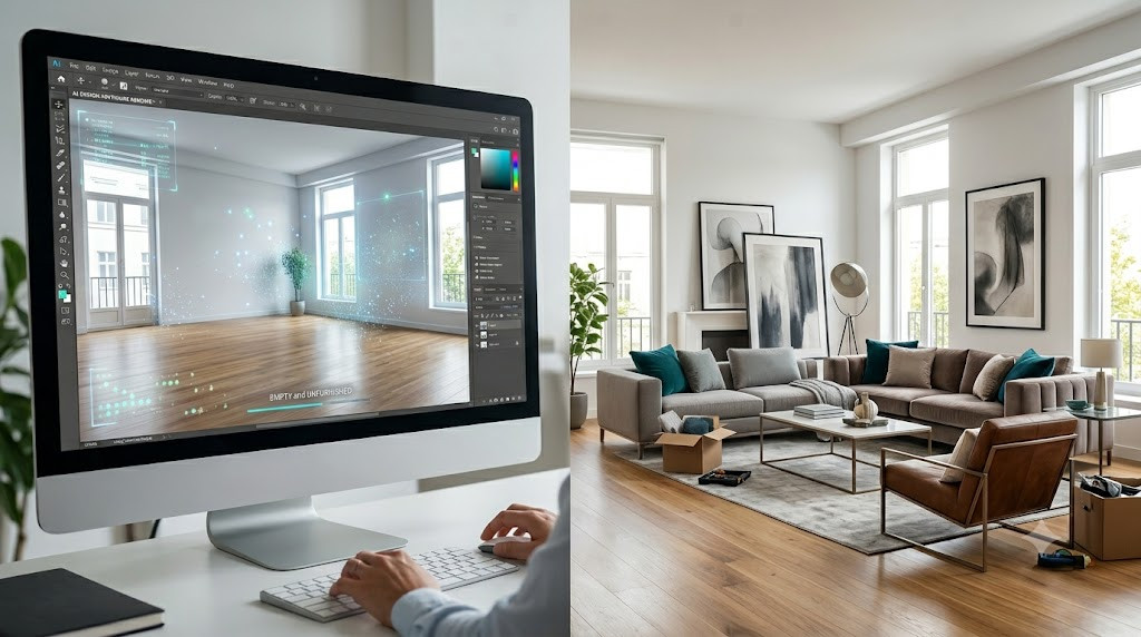 Virtual staging before and after comparison showing an empty living room digitally transformed into a fully furnished modern interior.