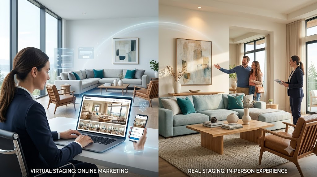 Hybrid real estate staging strategy combining virtual staging for online listings and real staging for in-person home showings.