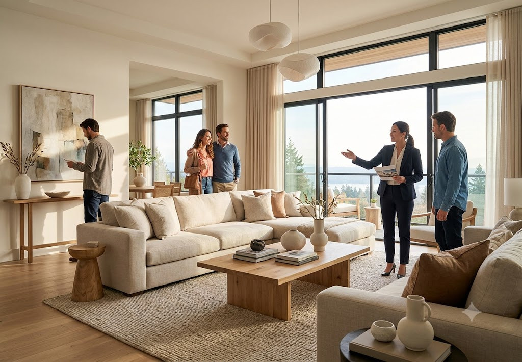 Potential homebuyers touring a professionally staged luxury home during an open house.