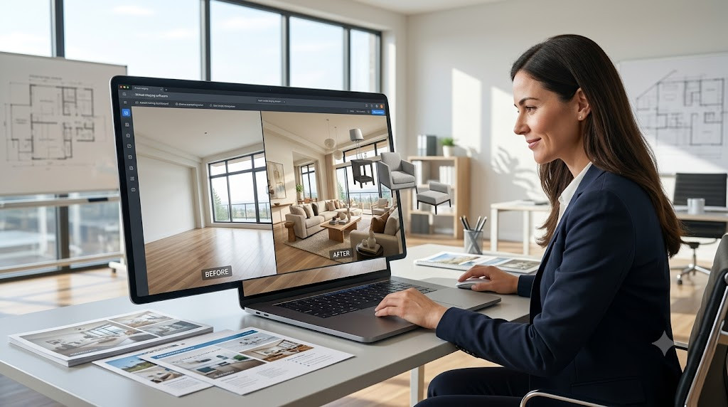 Real estate agent using virtual staging software to digitally furnish an empty property photo.