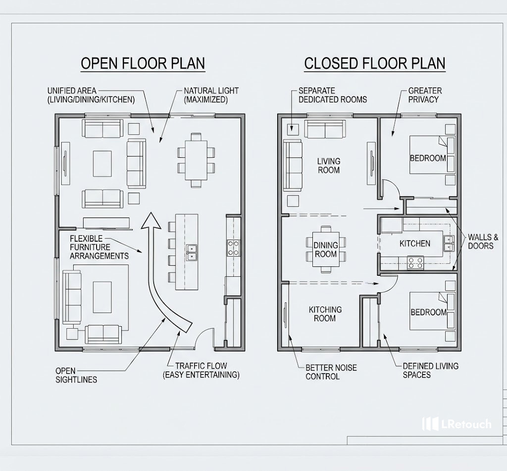Open and closed floor plans
